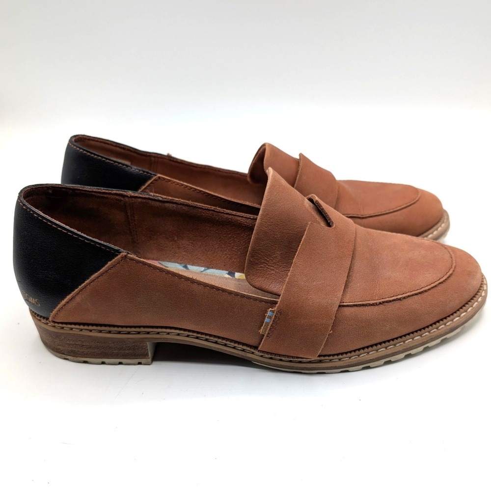 TOMS Darcy Loafers SZ 9 Brown Black Leather Lug Sole Two-Tone Slip On Flats